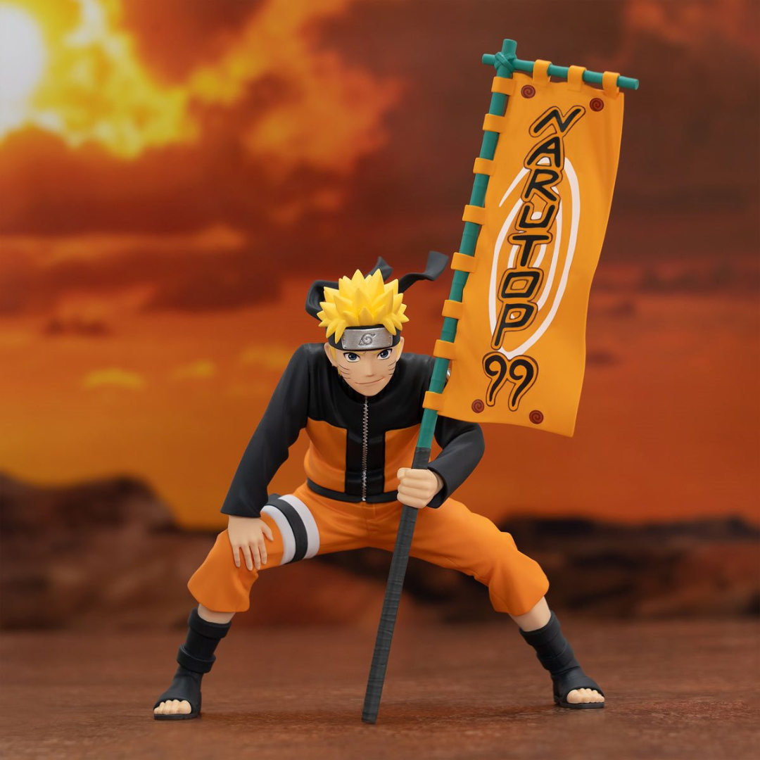 Naruto Uzumaki figure holding the Narutop99 Banner.